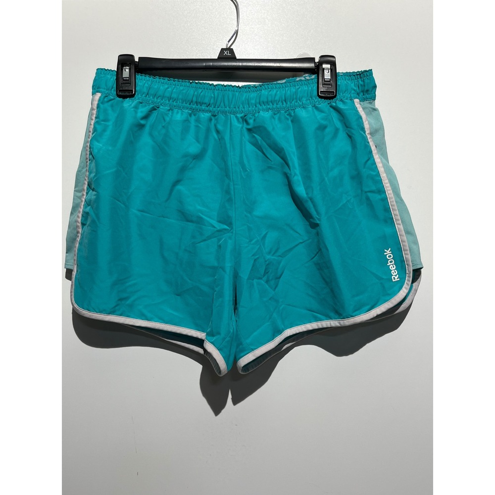 Reebok Womens PlayDry Athletic Shorts‎ Teal Blue White Trim XL Activewear
